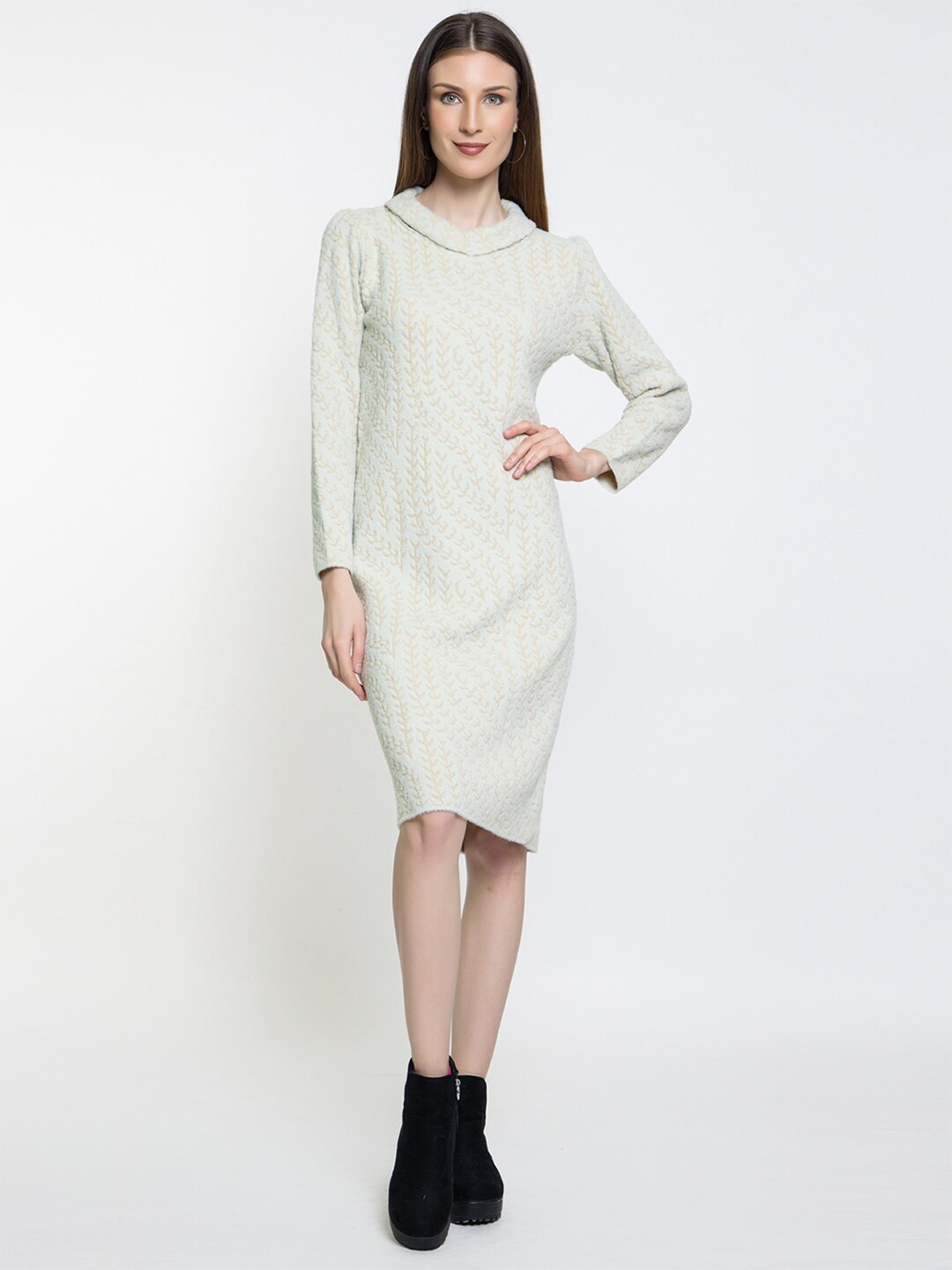 

Elthia Self Design Cowl Neck Woollen Jumper Dress, Green