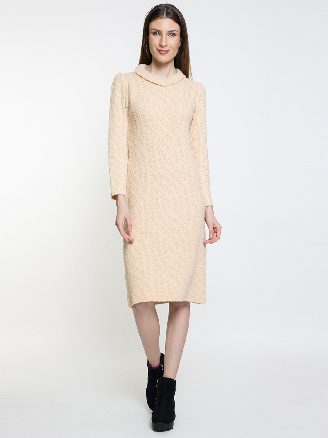 

Elthia Self Design Cowl Neck Woollen Jumper Dress, Beige
