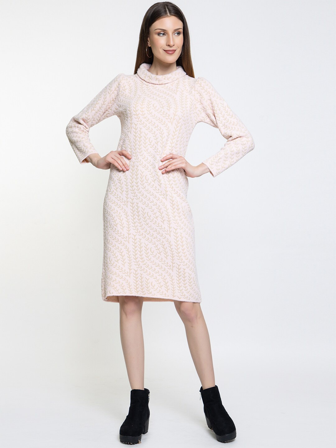 

Elthia Self Designed High Neck Woollen Sweater Dress, Pink