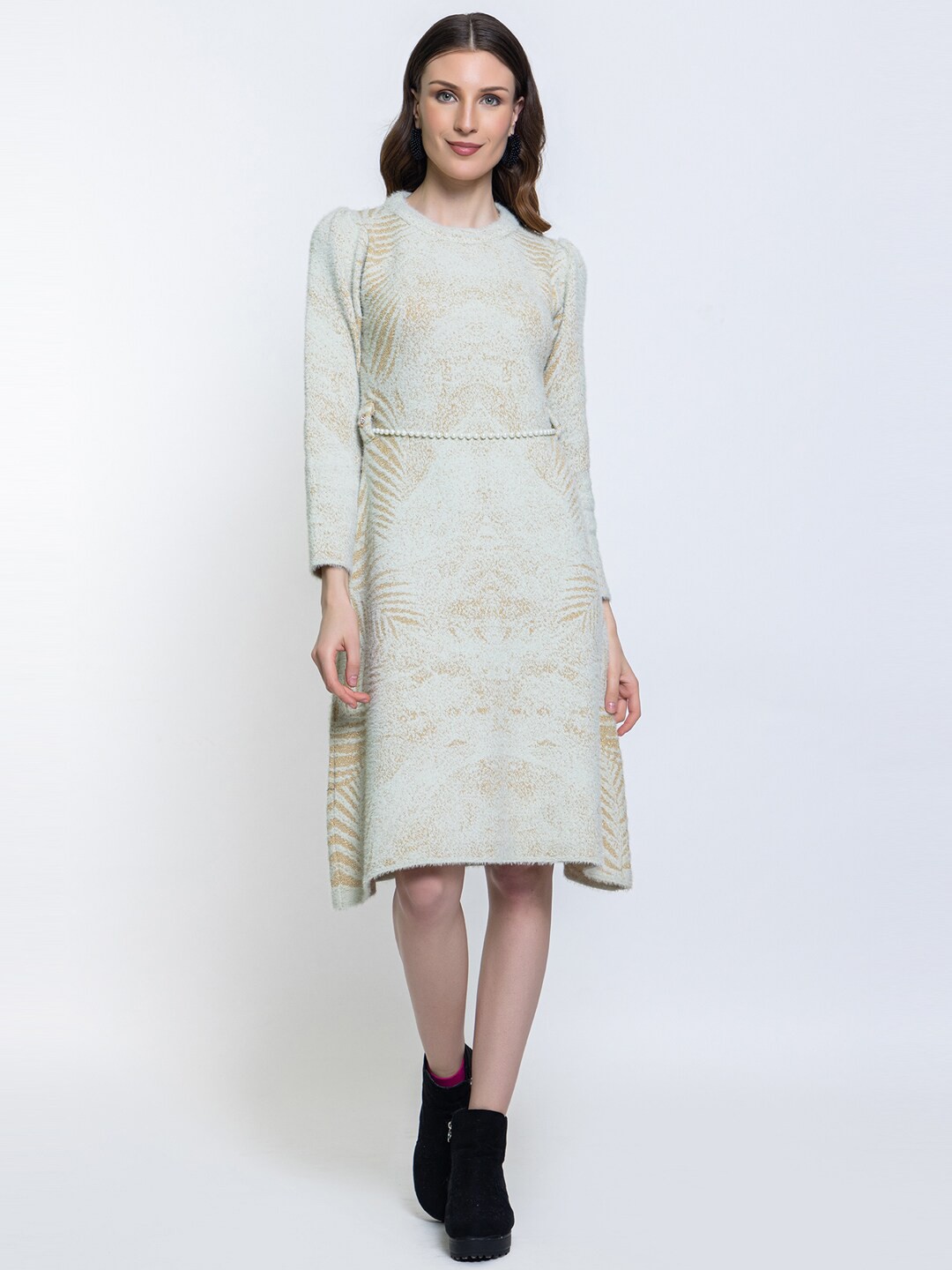 

Elthia Self Design Puff Sleeves Woollen Jumper Dress, Green