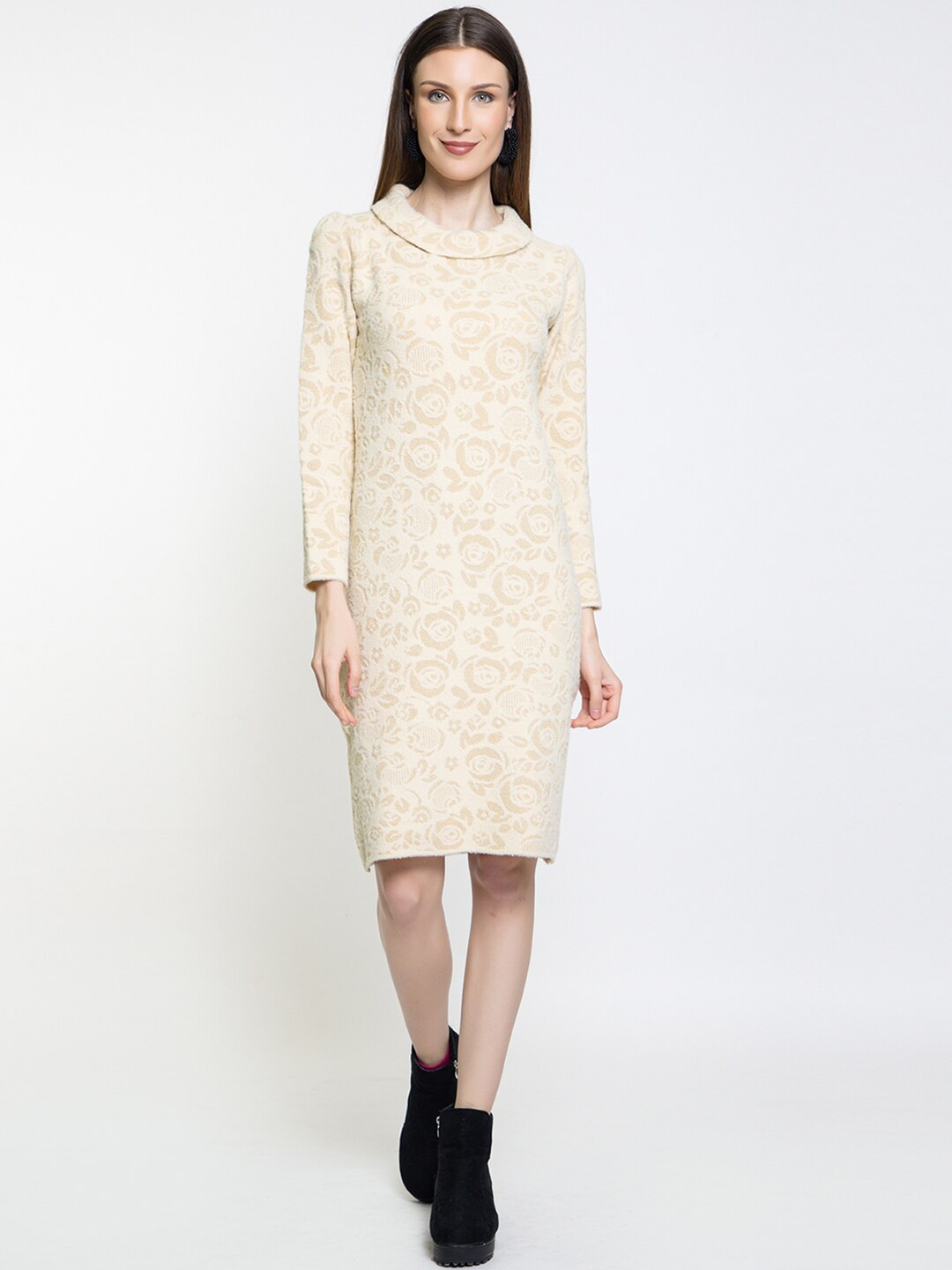 

Elthia Self Designed High Neck Woollen Sweater Dress, Off white