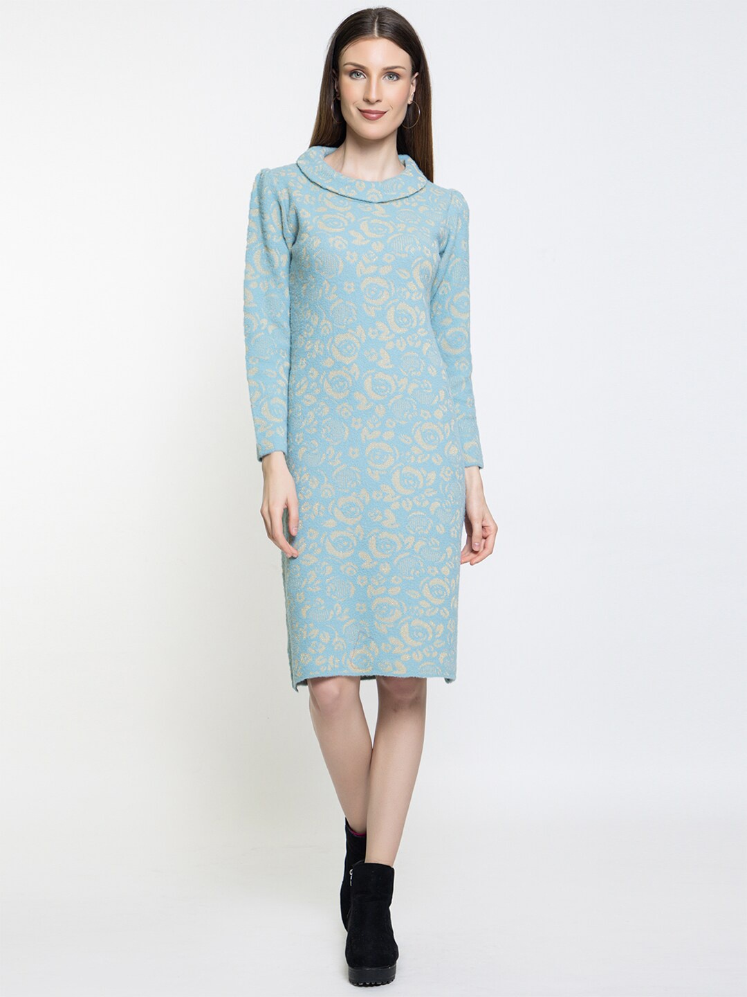 

Elthia Self Design Cowl Neck Woollen Jumper Dress, Blue