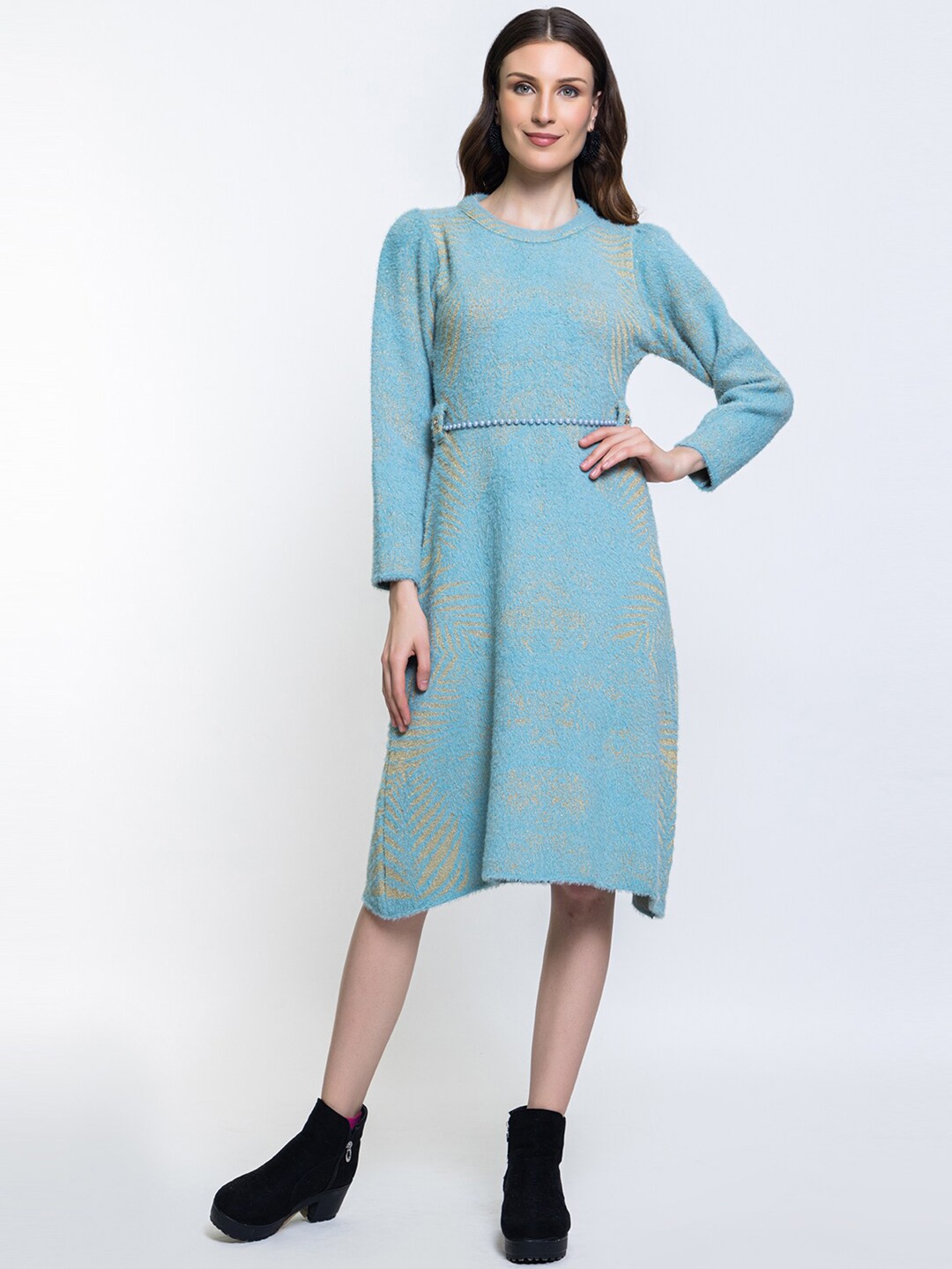 

Elthia Self Design Woollen A-Line Sweater Dress, Teal