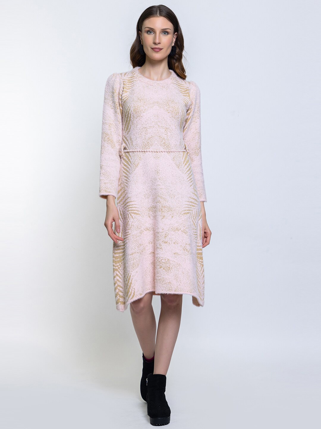 

Elthia Self Design Woollen A-Line Sweater Dress, Pink
