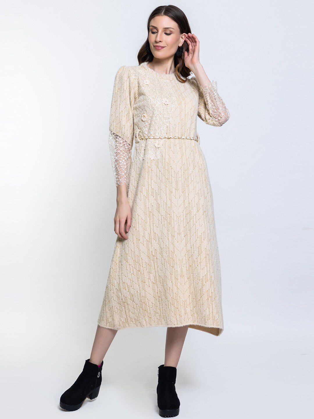 

Elthia Self Design Woollen A-Line Sweater Dress, Off white