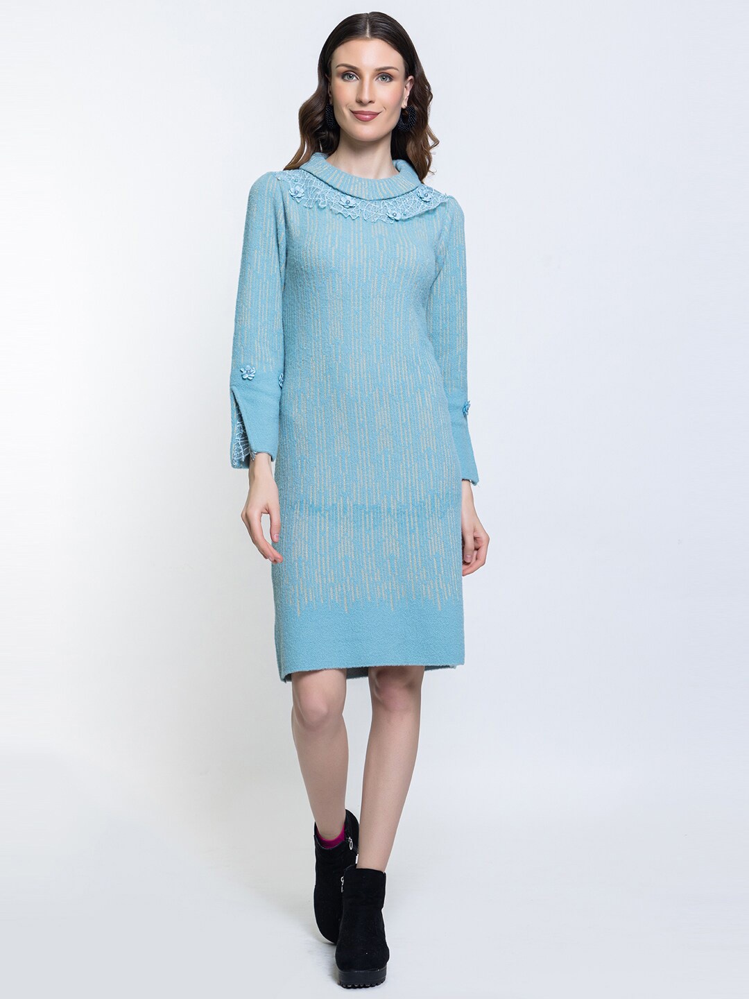 

Elthia Self Design Woollen Sheath Sweater Dress, Blue