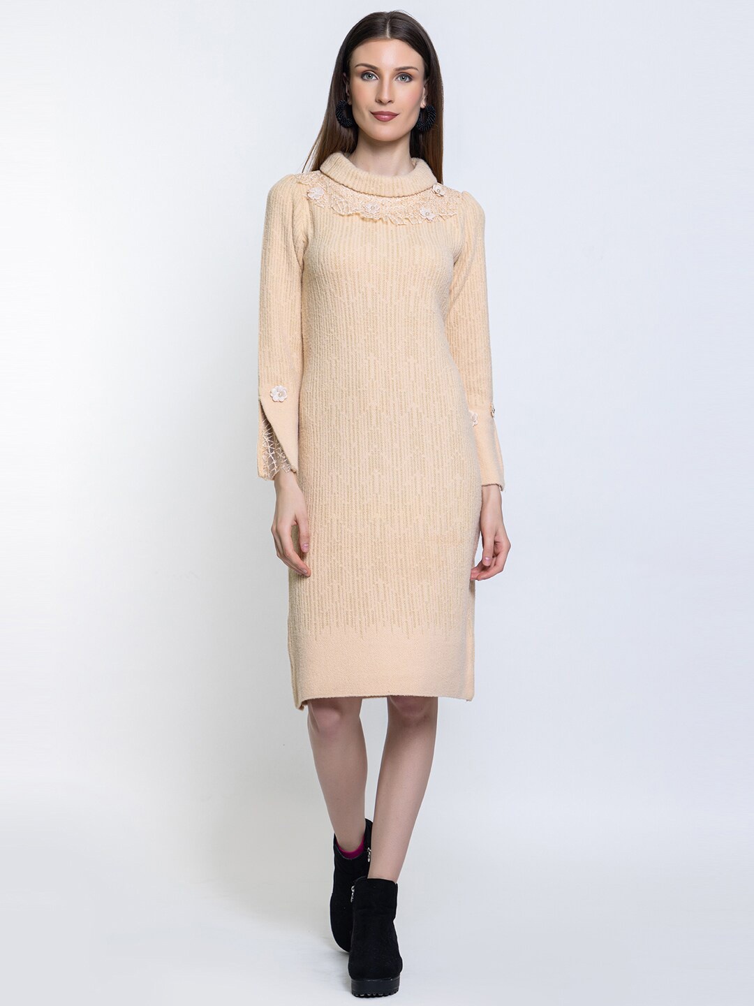 

Elthia Self Design Woollen Sheath Sweater Dress, Beige