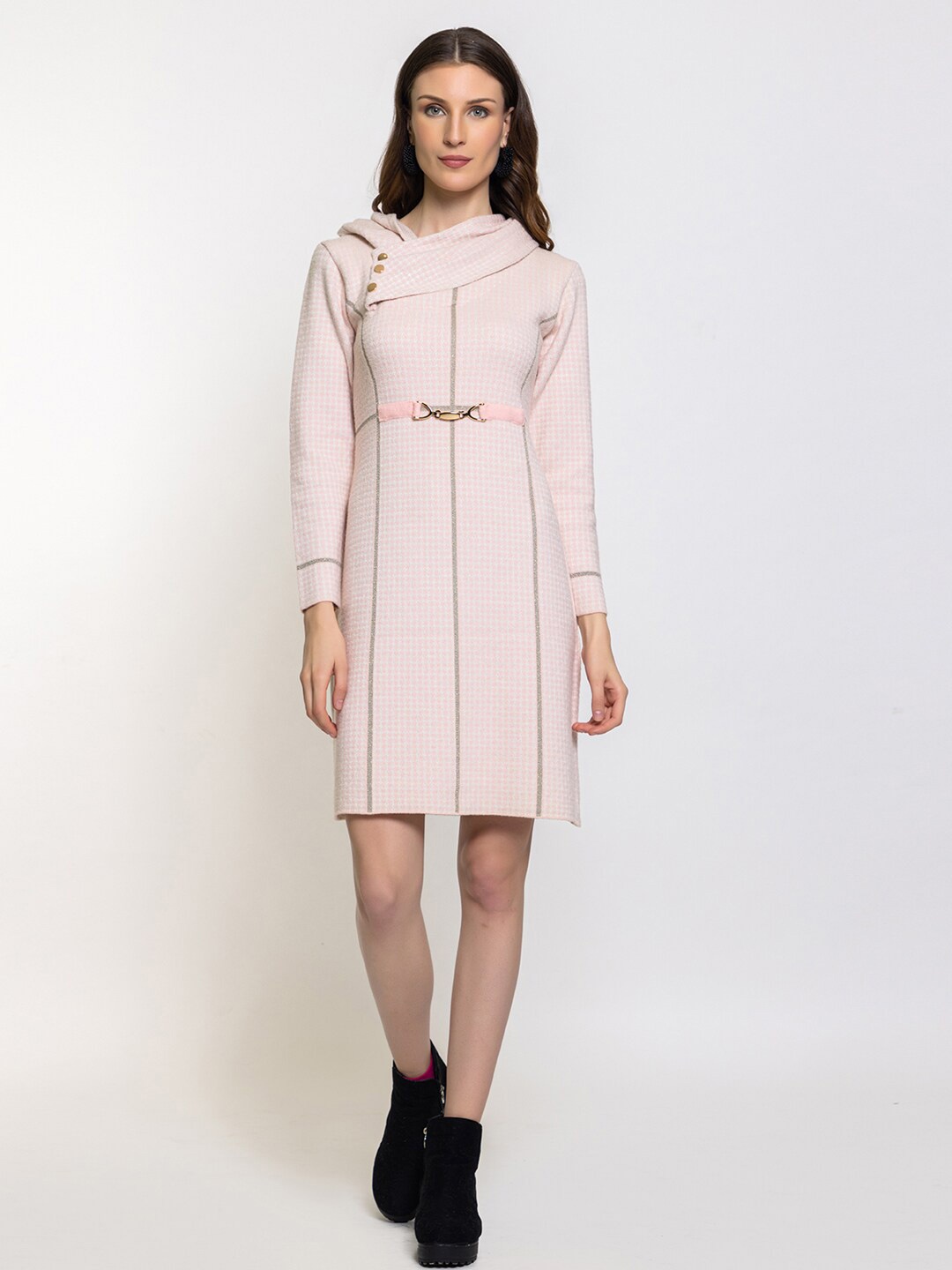 

Elthia Self Design Asymmetric Neck Woollen Sheath Sweater Dress, Pink