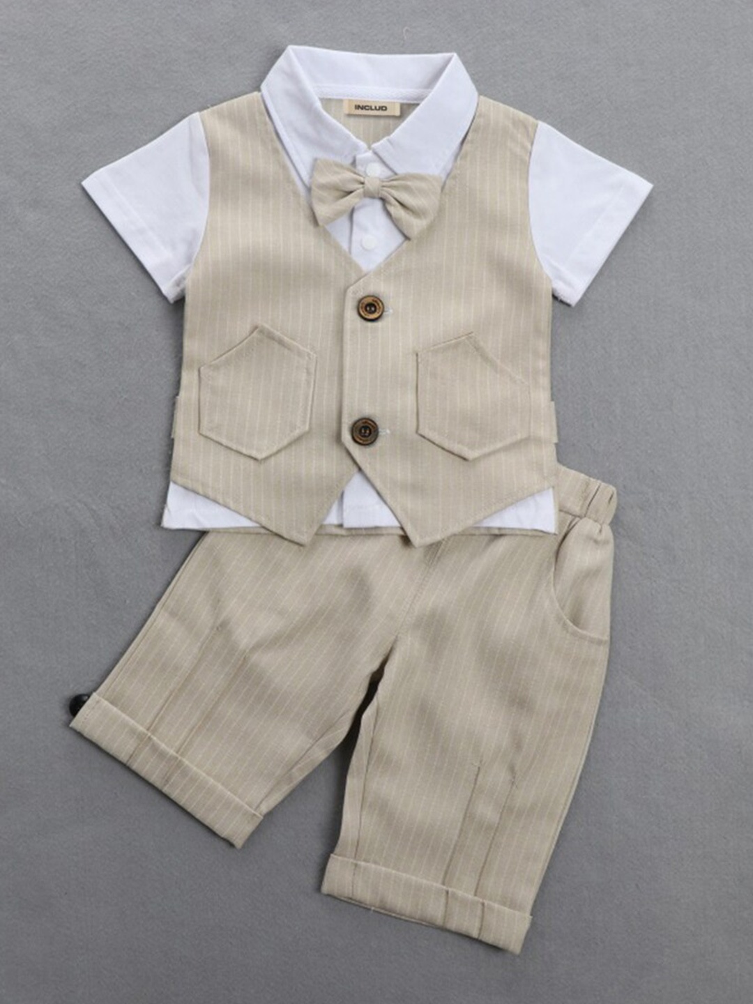 

INCLUD Boys Striped Shirt With Shorts & Waistcoat, Khaki