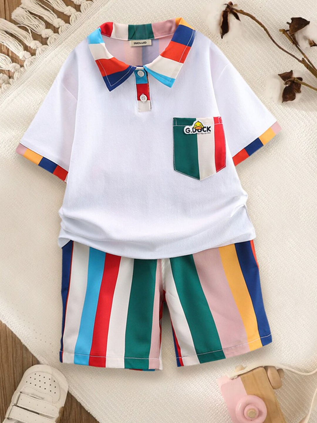 

INCLUD Boys Striped Polo Collar T-shirt With Shorts, White