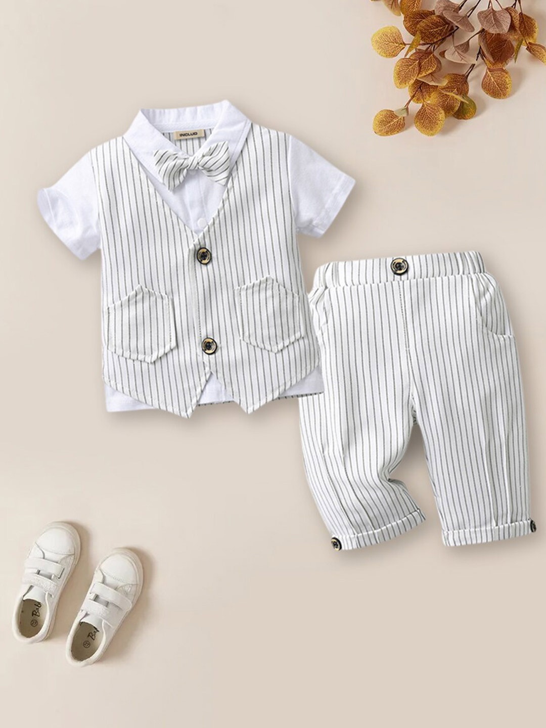 

INCLUD Boys Striped Single-Breasted Waistcoat & Trouser With Shirt, White