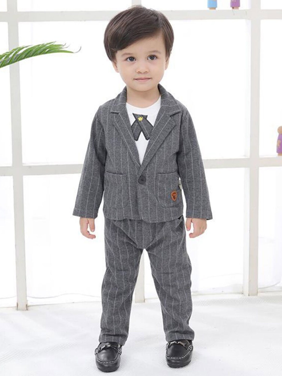 

INCLUD Boys Verticall Striped Single-Breasted 3 Piece Suit, Grey