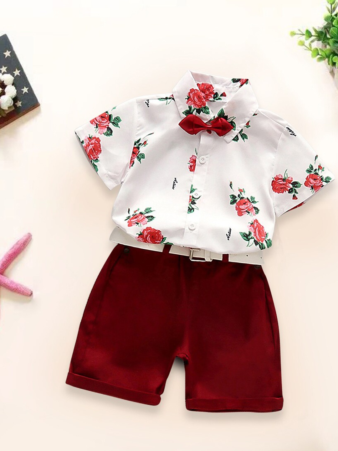 

INCLUD Boys Floral Printed Shirt Collar Short Sleeves Shirt With Shorts, White