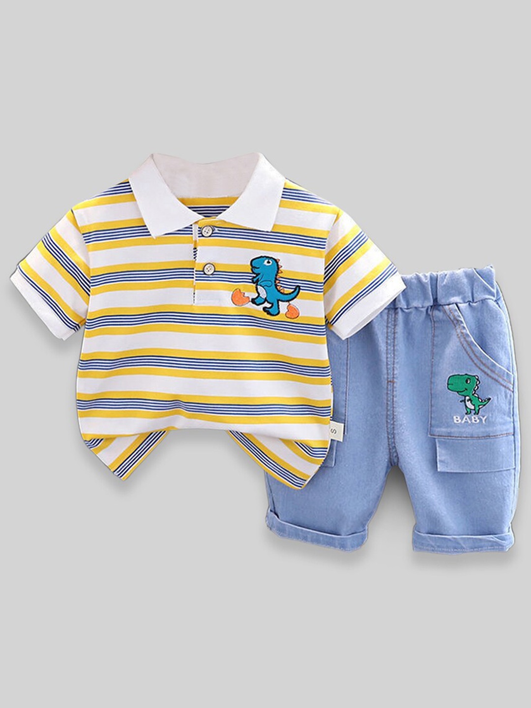 

INCLUD Boys Striped Polo Collar T-shirt With Shorts, Yellow