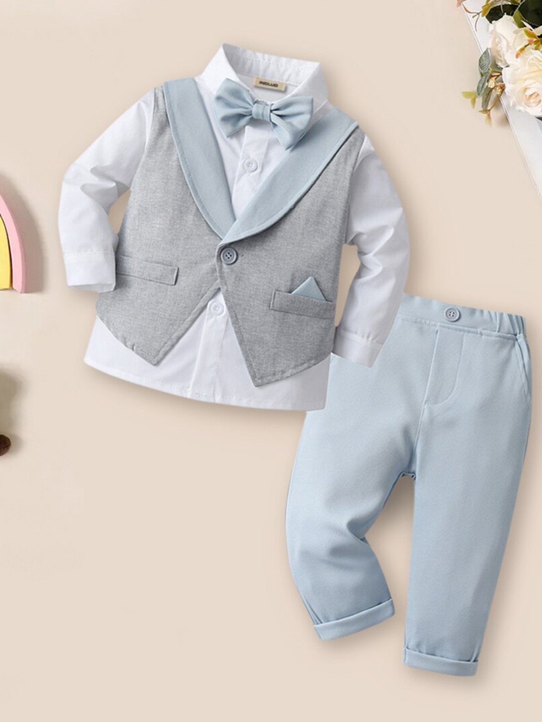 

INCLUD Boys Cuffed Sleeves Shirt with Trousers & Waistcoat, Grey