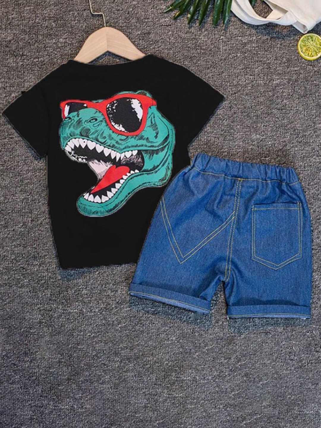 

INCLUD Boys Dinosaur Printed T-shirt With Denim Shorts, Black