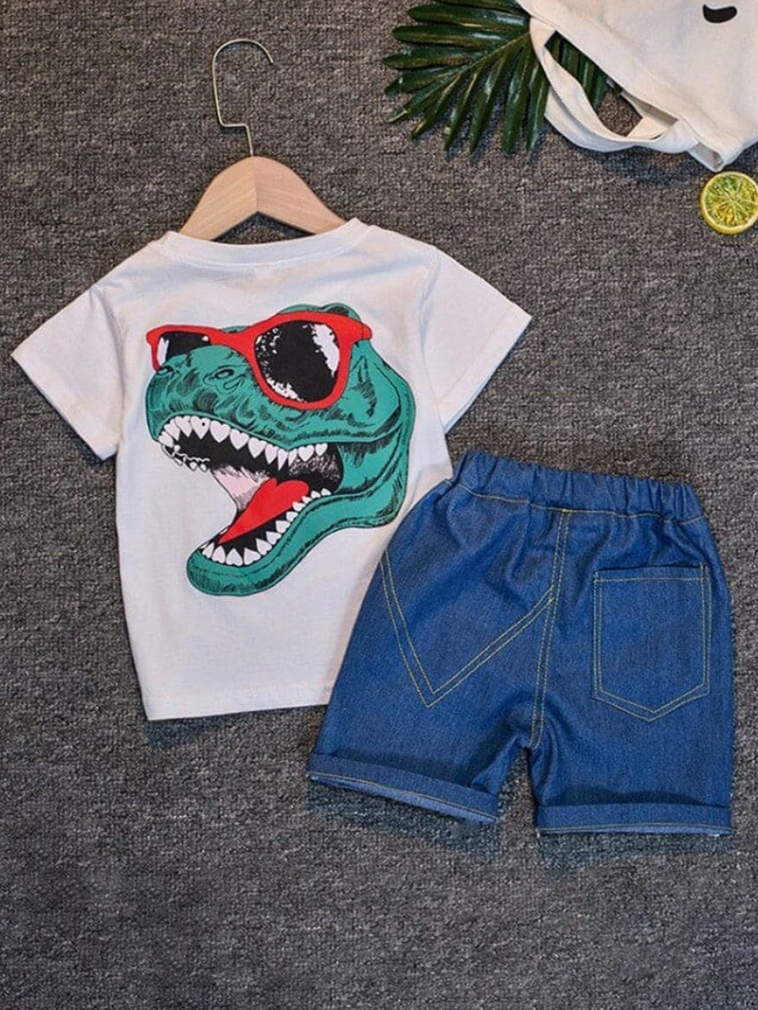 

INCLUD Boys Dinosaur Printed T-shirt With Denim Shorts, White
