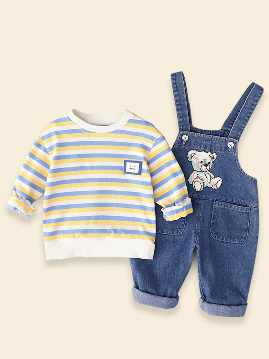 

INCLUD Boys Checked T-shirt With Denim Dungaree, Cream