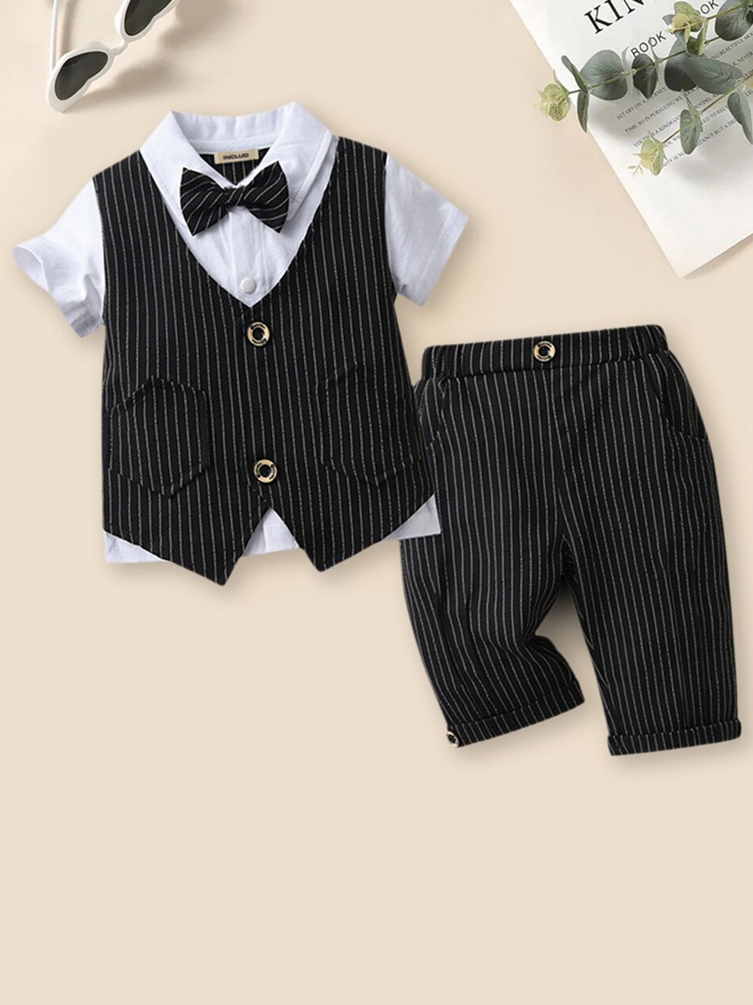 

INCLUD Striped Single-Breasted 3-Piece Suit Set, Black