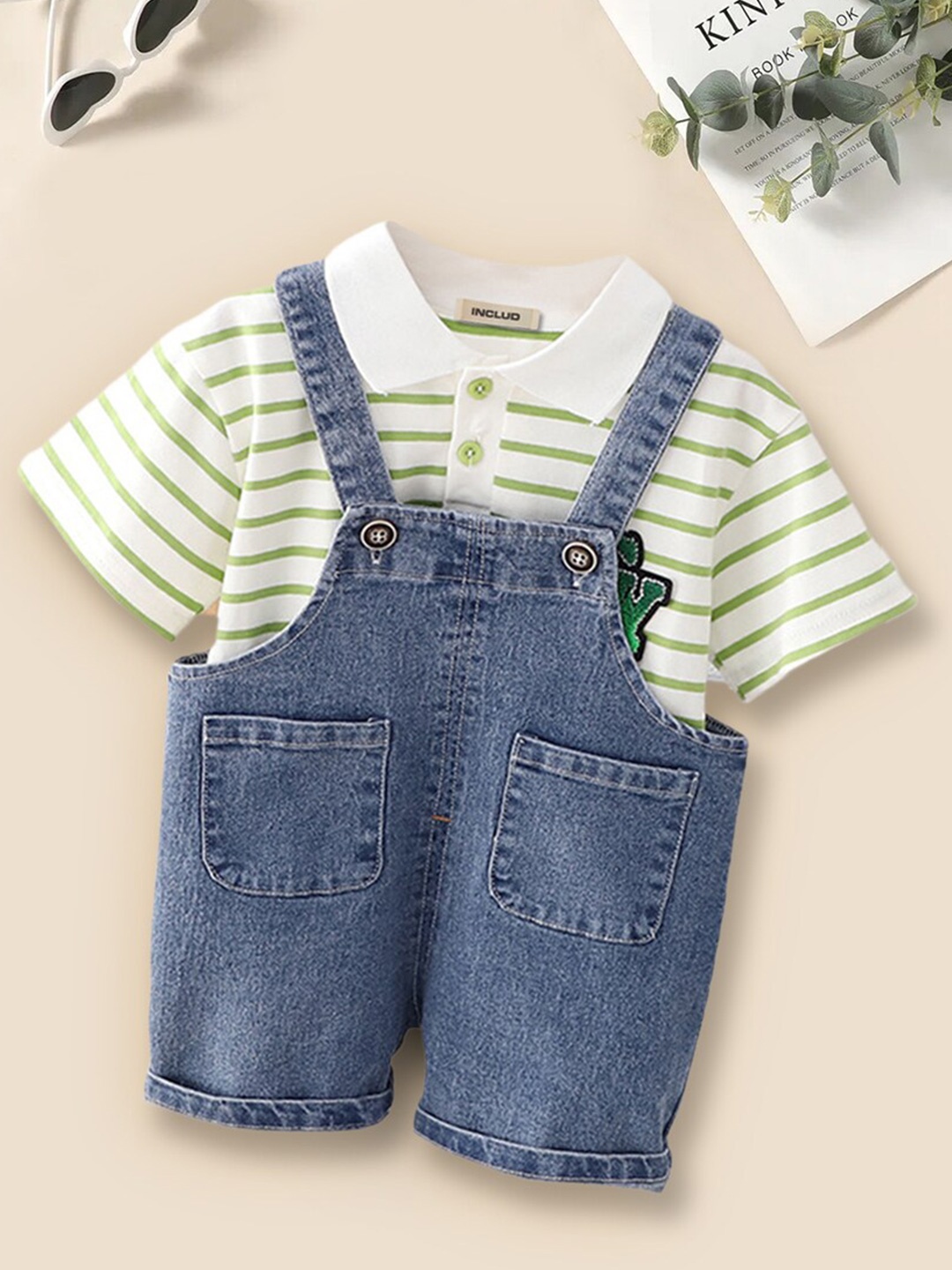 

INCLUD Boys Denim Dungaree With Striped T-Shirt, Blue