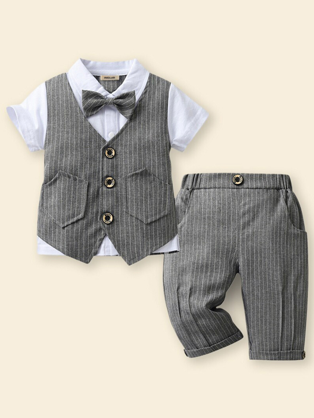 

INCLUD Striped Single-Breasted 3-Piece Suit Set, Grey
