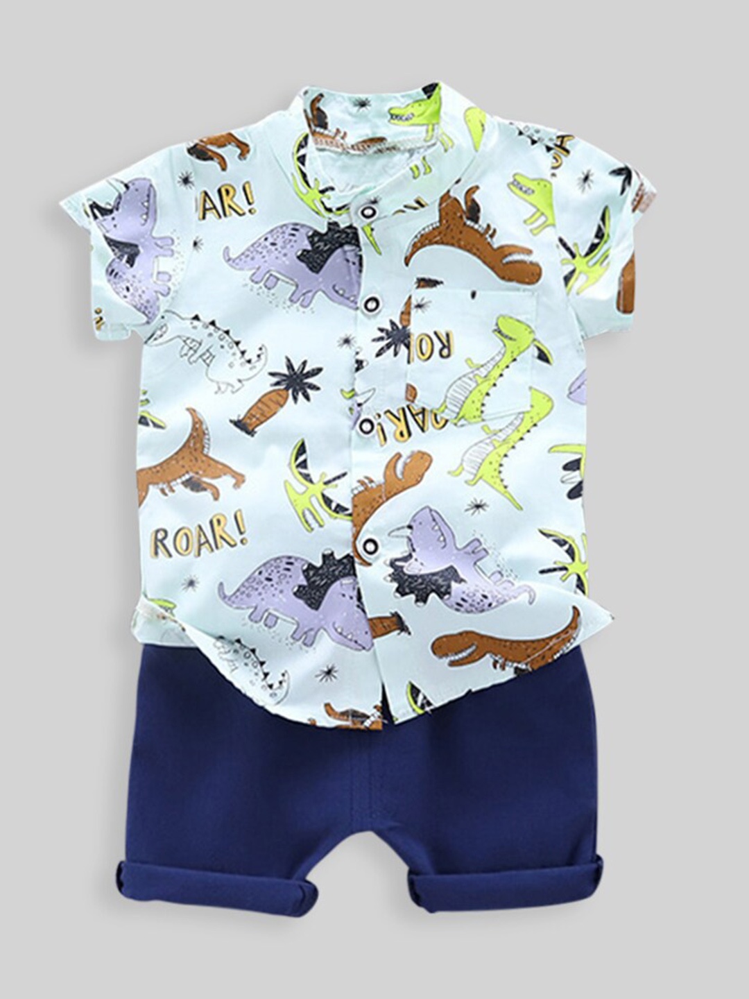 

INCLUD Boys Graphic Printed Mandarin Collar Shirt & Shorts, White