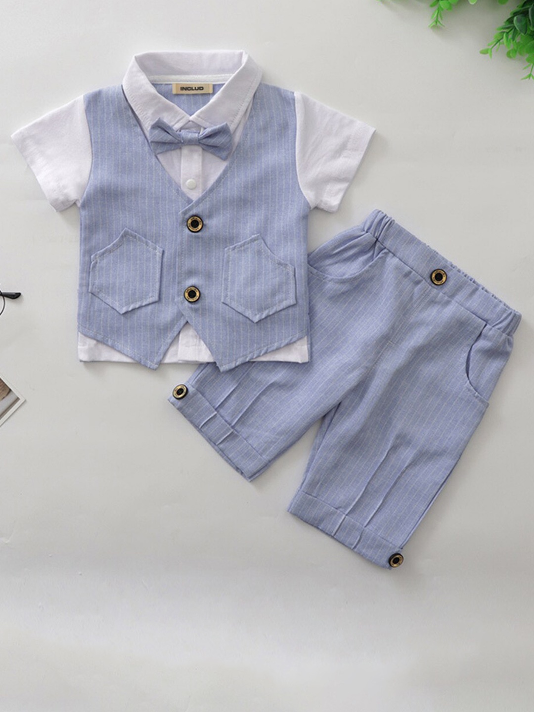 

INCLUD Boys Striped Shirt Collar Shirt & Shorts With Waistcoat, Blue