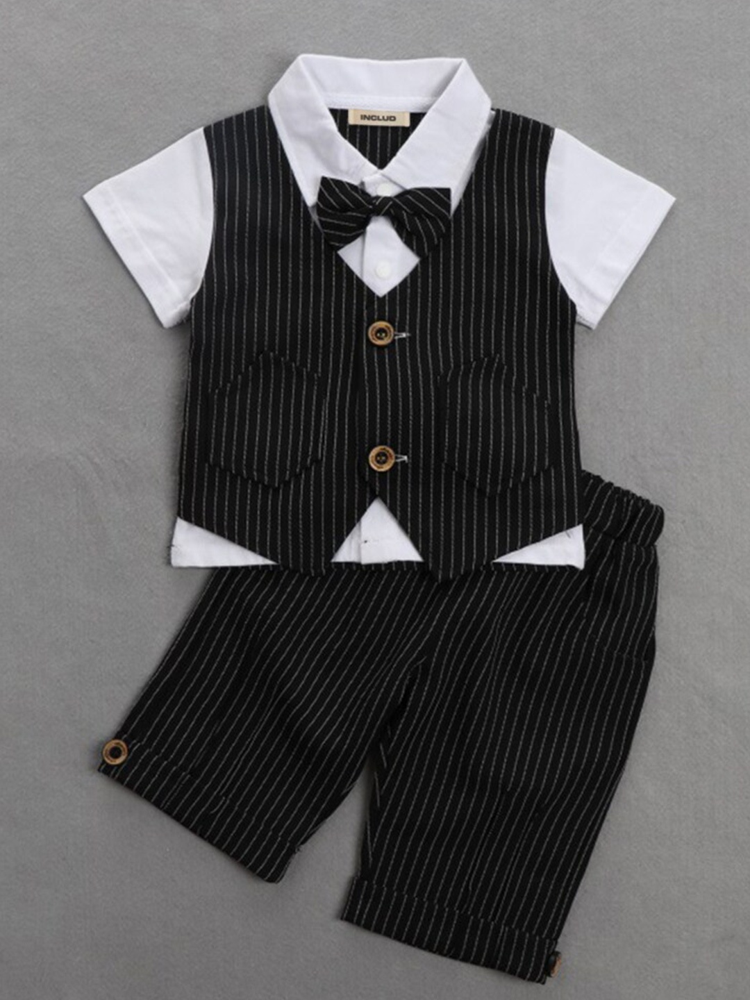 

INCLUD Striped Single-Breasted 3-Piece Suit Set, Black
