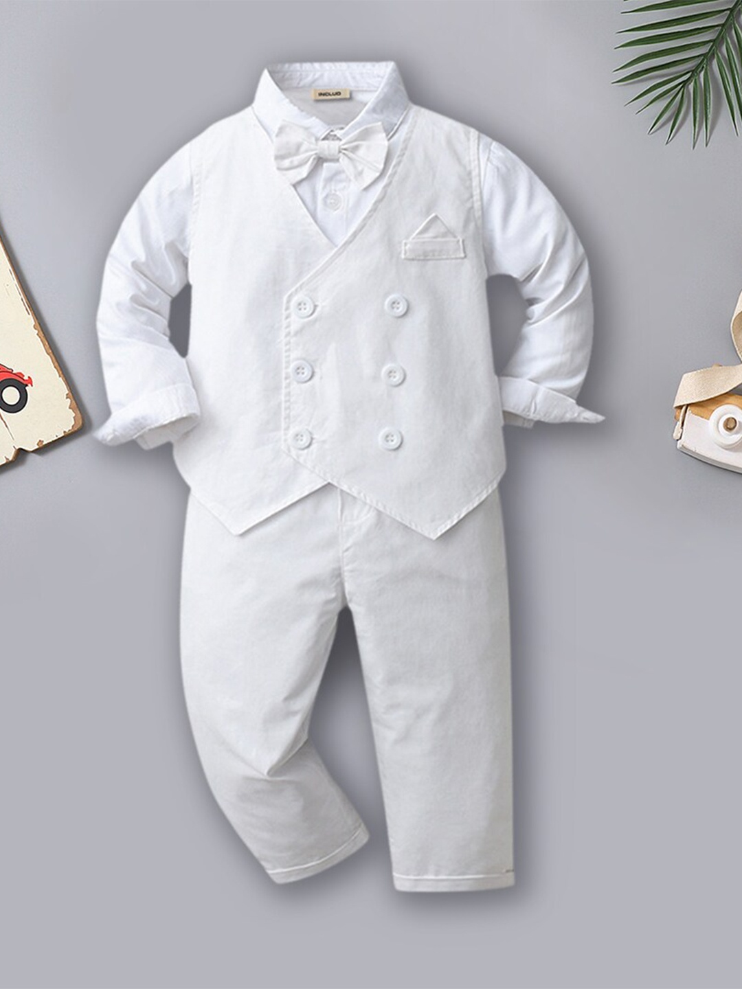 

INCLUD Boys Shirt Collar Shirt With Trousers & Waistcoat, White