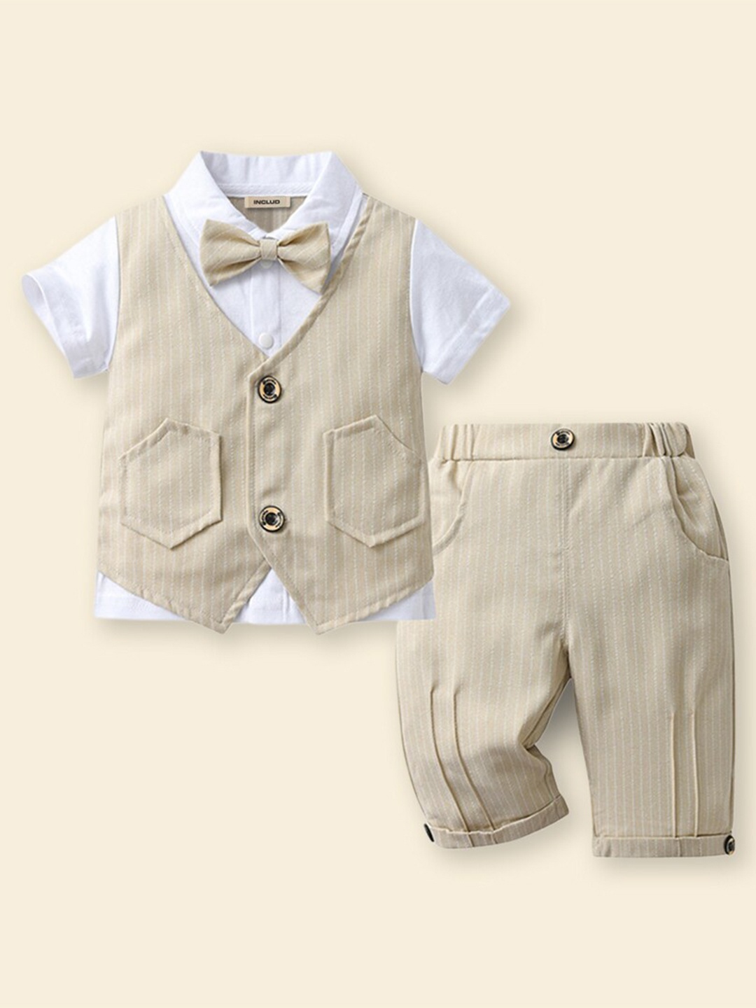 

INCLUD Boys Shirt Collar Shirt With Trouser & Waistcoat With Bow Tie, Khaki