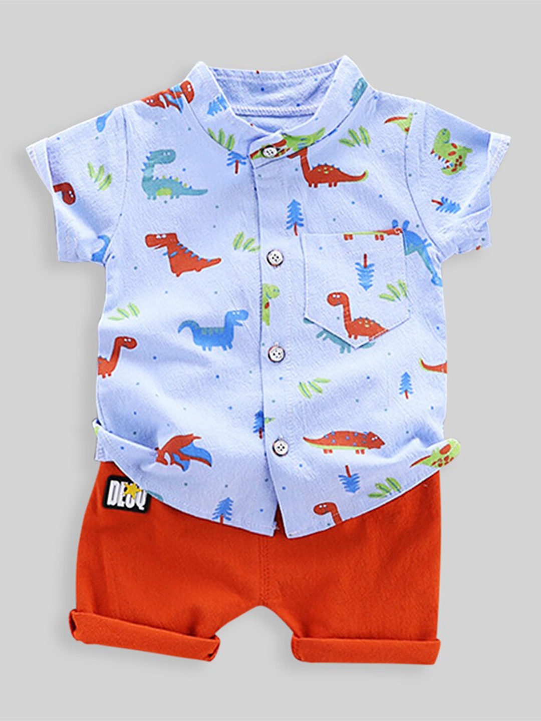 

INCLUD Boys Conversational Printed Mandarin Collar Shirt With Shorts, Blue