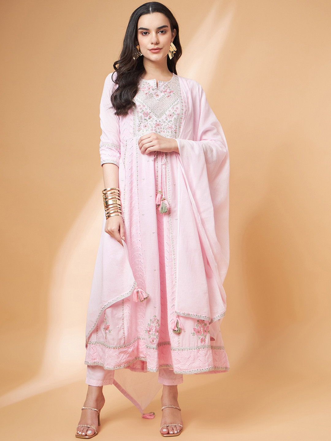 

all about you Pink Floral Embroidered Empire Thread Work Pure Cotton Kurta Set
