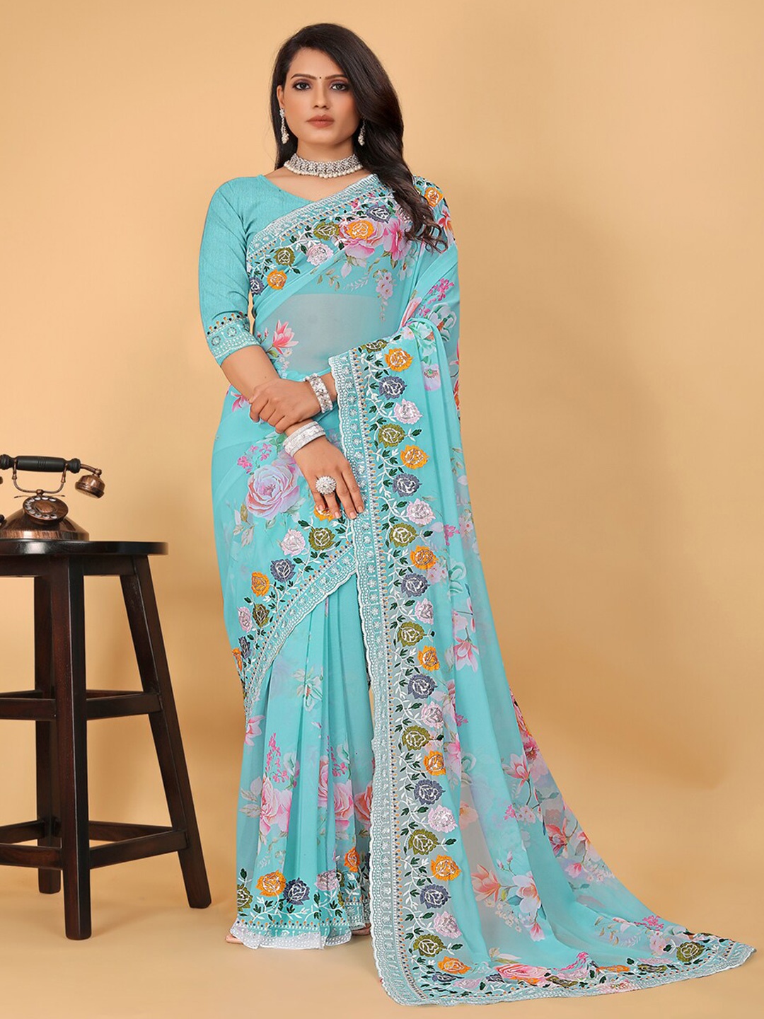 

Pionex Floral Printed Embroidered Saree, Blue