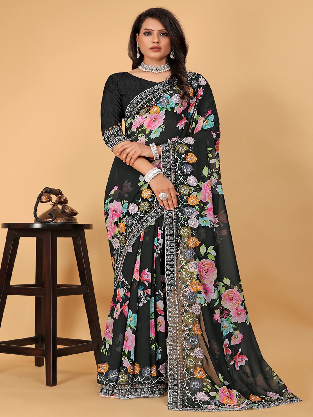 

Pionex Floral Printed Embroidered Saree, Black