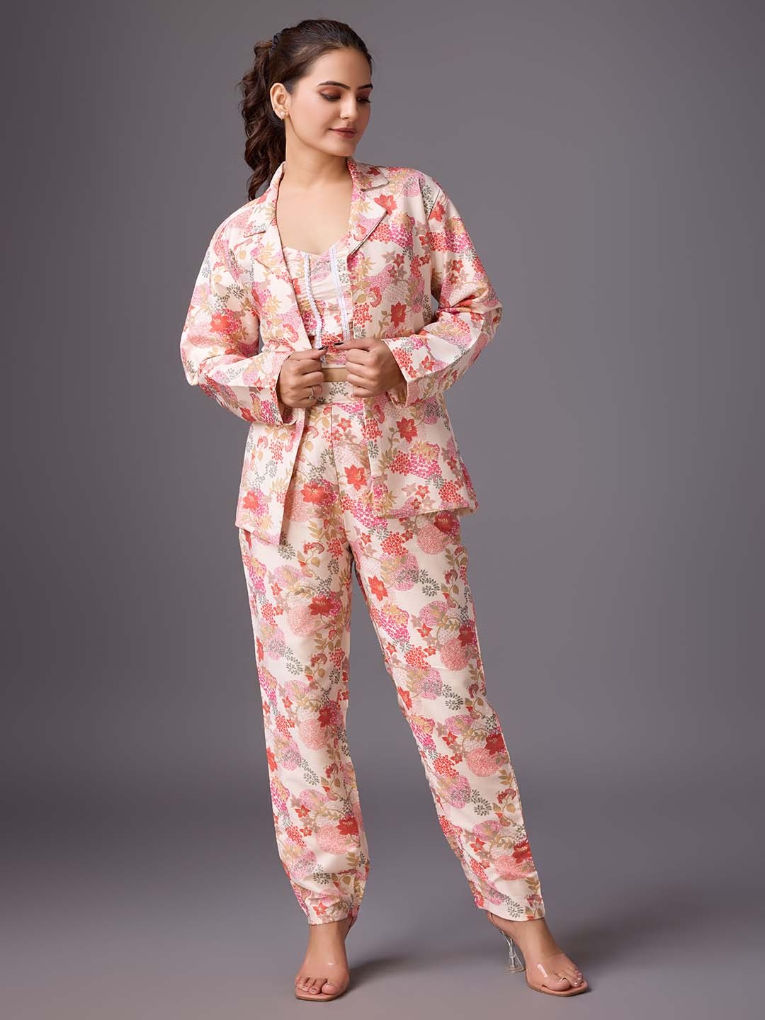 

HOUSE OF MIRA Printed Organic Cotton Top With Trouser & Blazer, Pink
