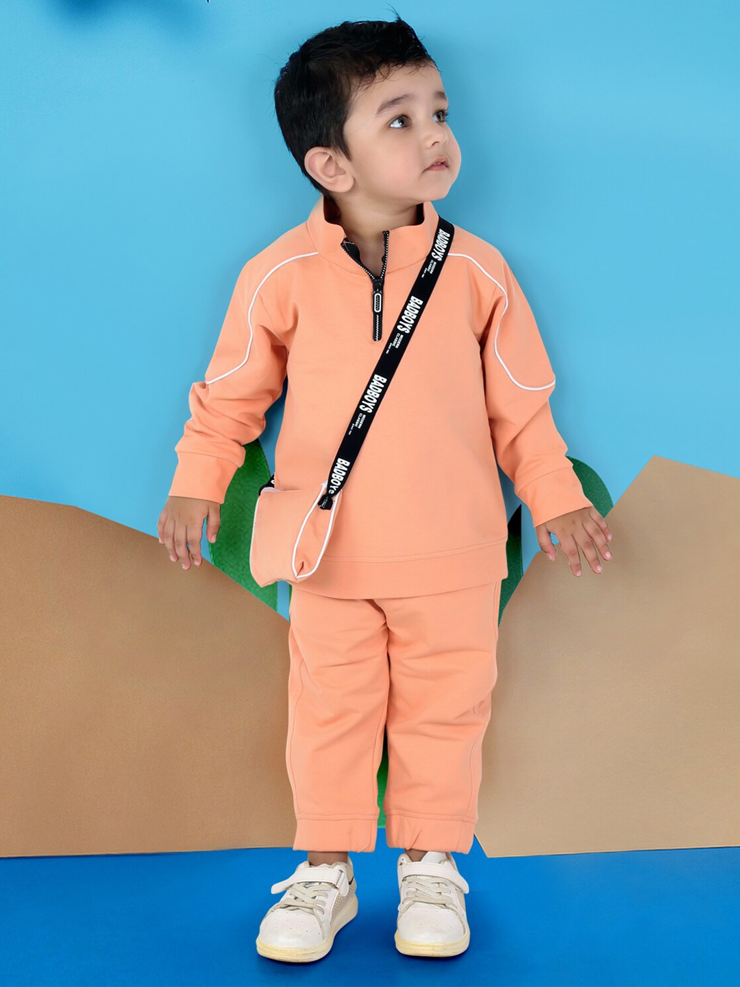

BAESD Boys Mock Collar Pure Cotton T-shirt With Jogger & Sling Bag, Orange