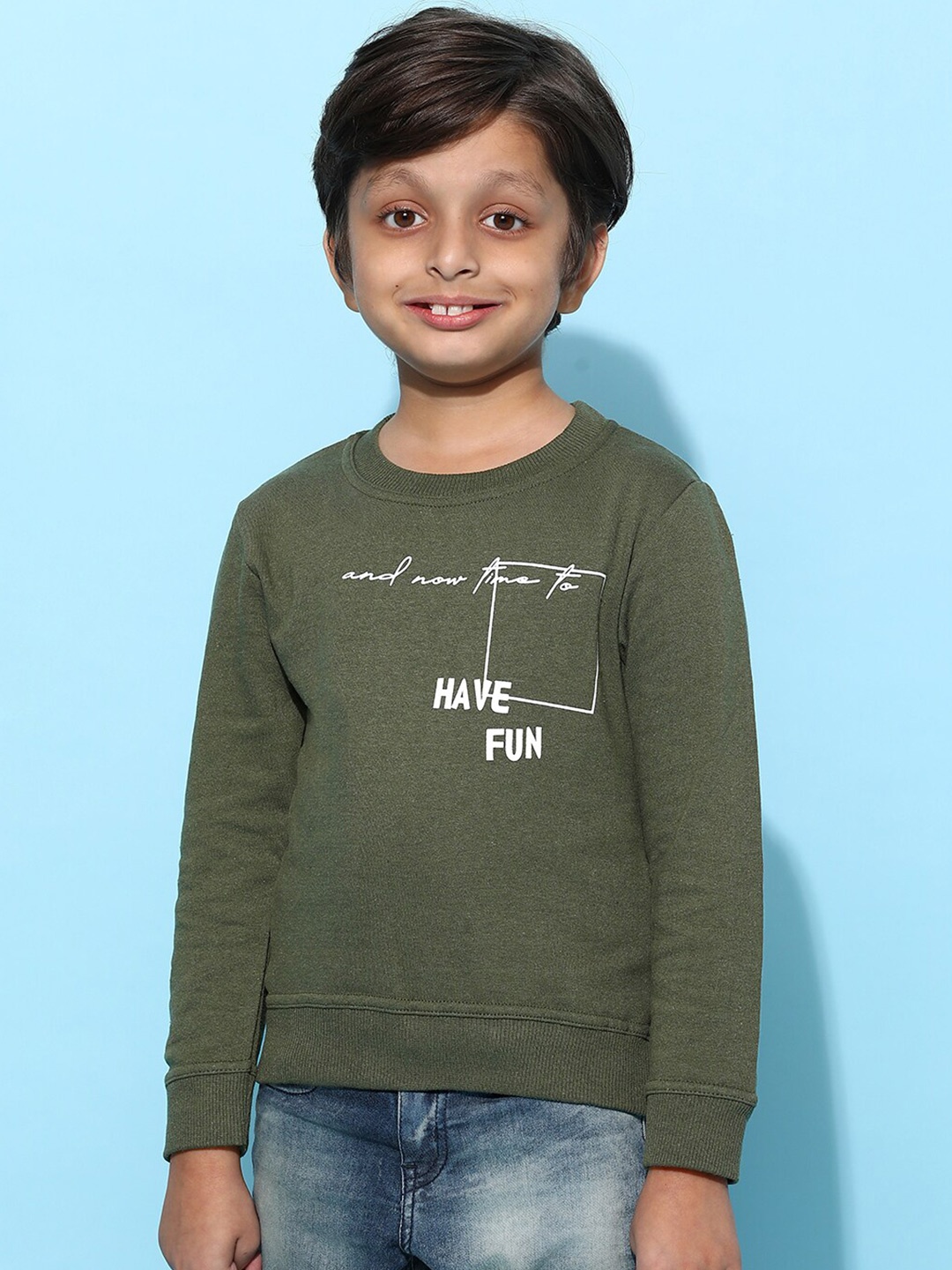 

TALES & STORIES Boys Typography Printed Cotton Pullover, Olive