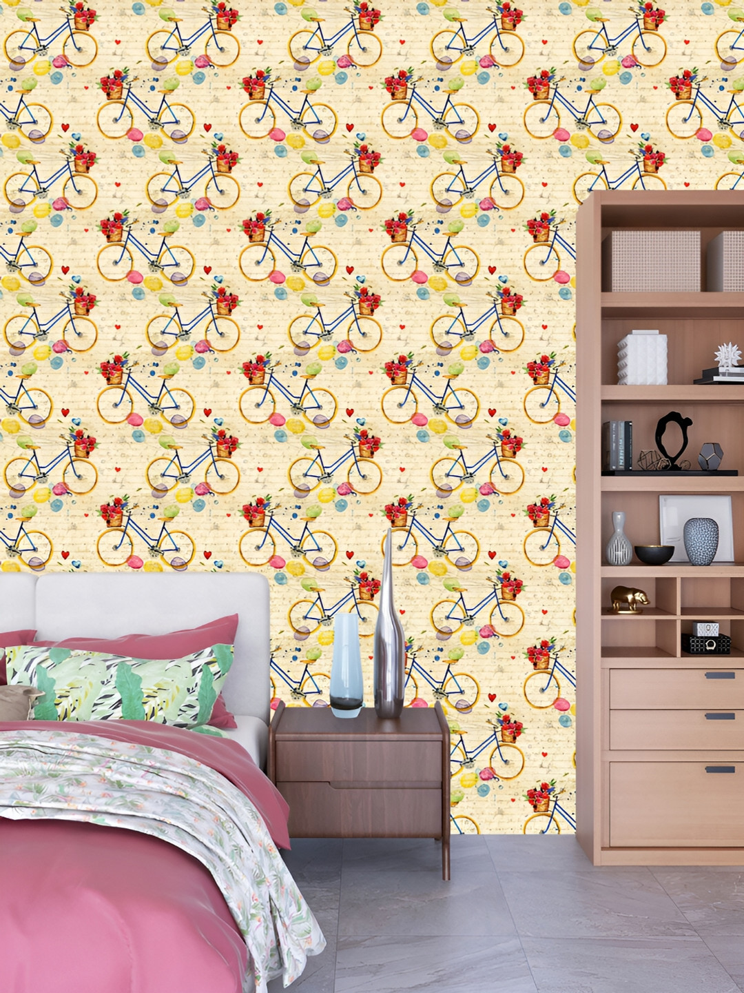 

DWELLSINDIA Beige & Red Vintage Cycle Pattern Printed Self Adhesive Laminated Wallpaper, Na