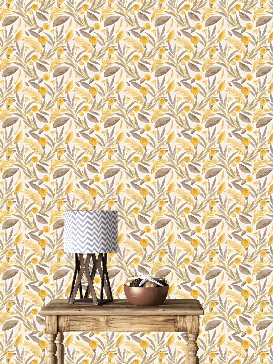 

DWELLSINDIA Yellow & Beige Leaf Printed Self Adhesive Laminated Wallpaper, White