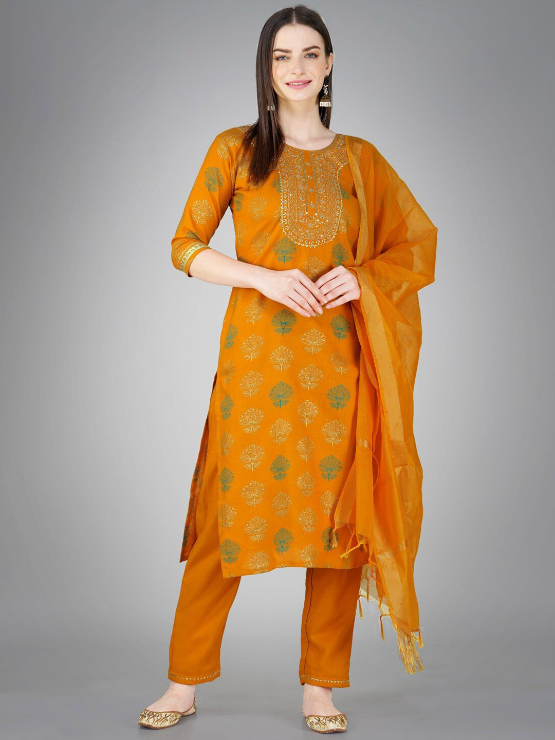 

Anouk Mustard Yellow Ethnic Motif Printed Straight Kurta & Trousers With Dupatta