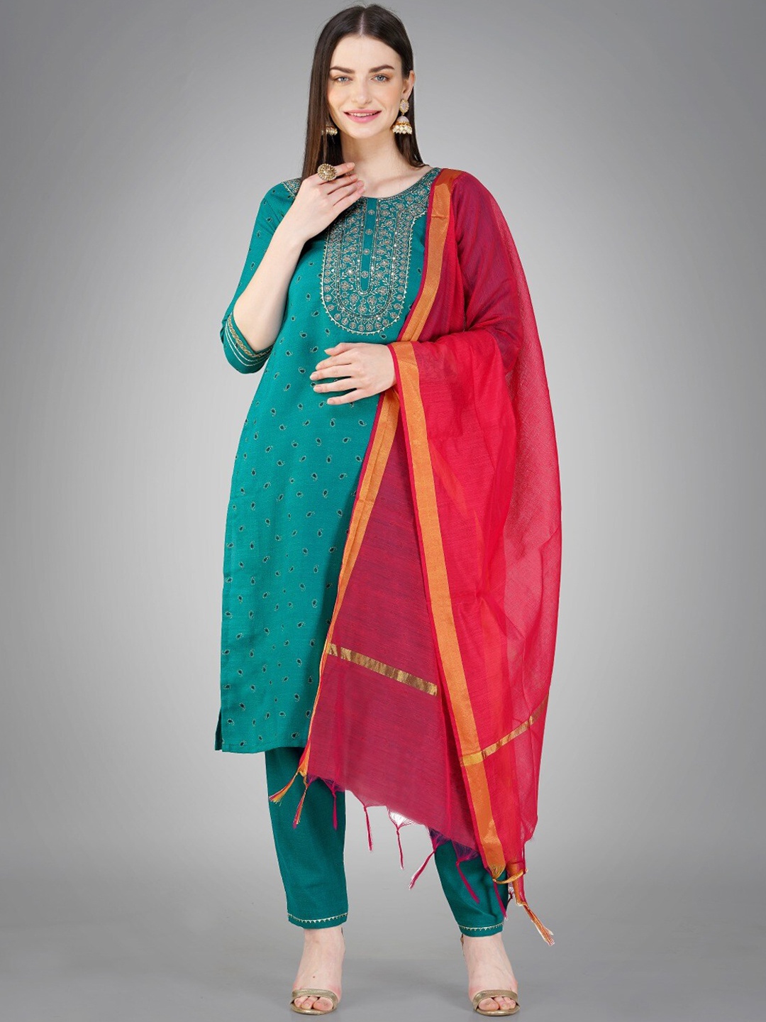 

Anouk Sea Green Paisley Printed Thread Work Straight Kurta & Trousers With Dupatta