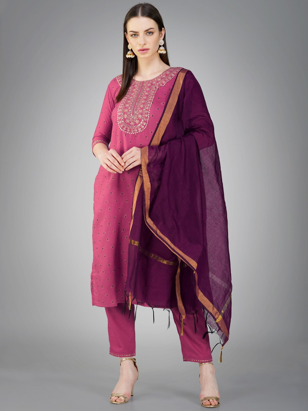 

Anouk Pink Paisley Printed Thread Work Straight Kurta & Trousers With Dupatta