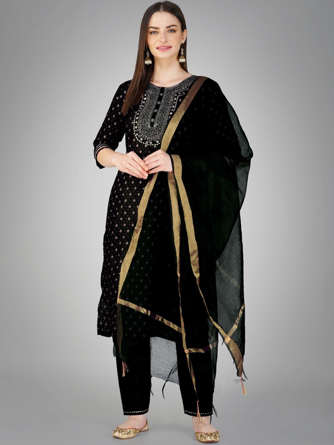 

Anouk Black Ethnic Motifs Printed Regular Sequinned Kurta With Trousers & Dupatta
