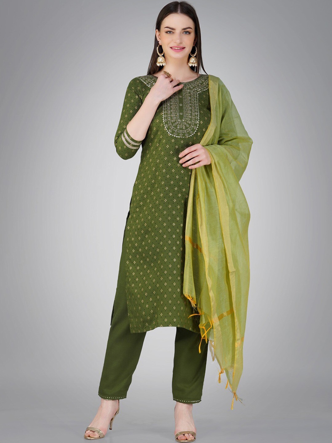 

Anouk Olive Green Ethnic Motifs Printed Zari Sequinned Kurta with Trousers & Dupatta