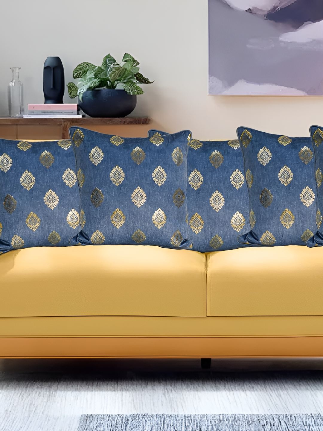 

CASA-NEST Blue & Gold-Toned 5 Pieces Ethnic Motifs Velvet Square Cushion Covers