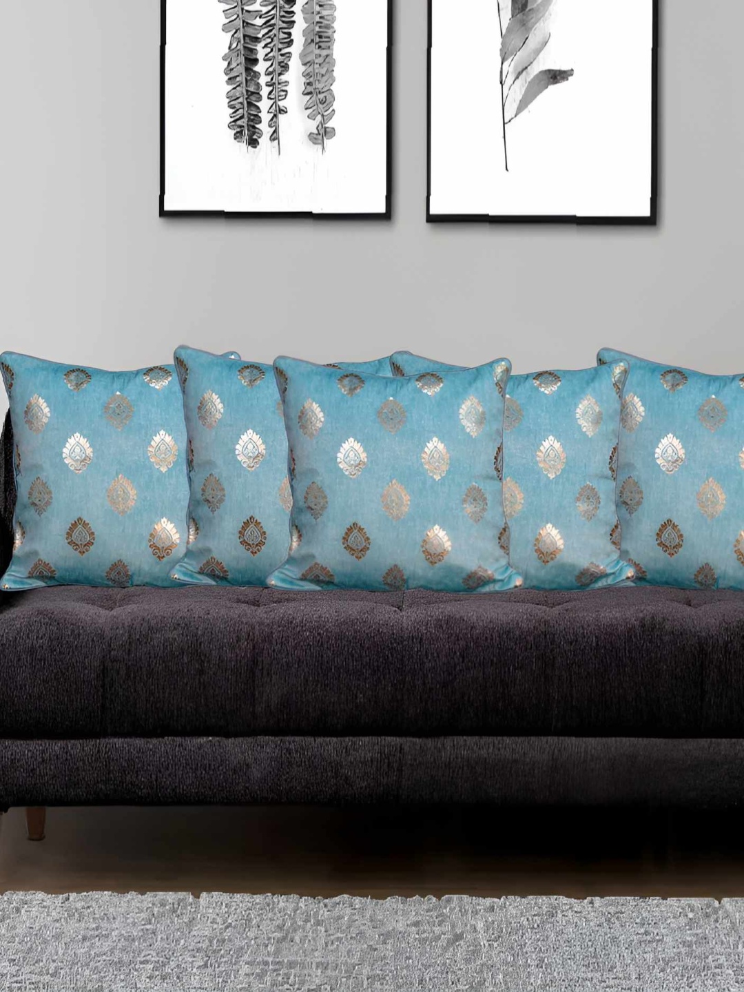 

CASA-NEST Blue & Gold Toned Ethnic Motifs Velvet Square Cushion Cover