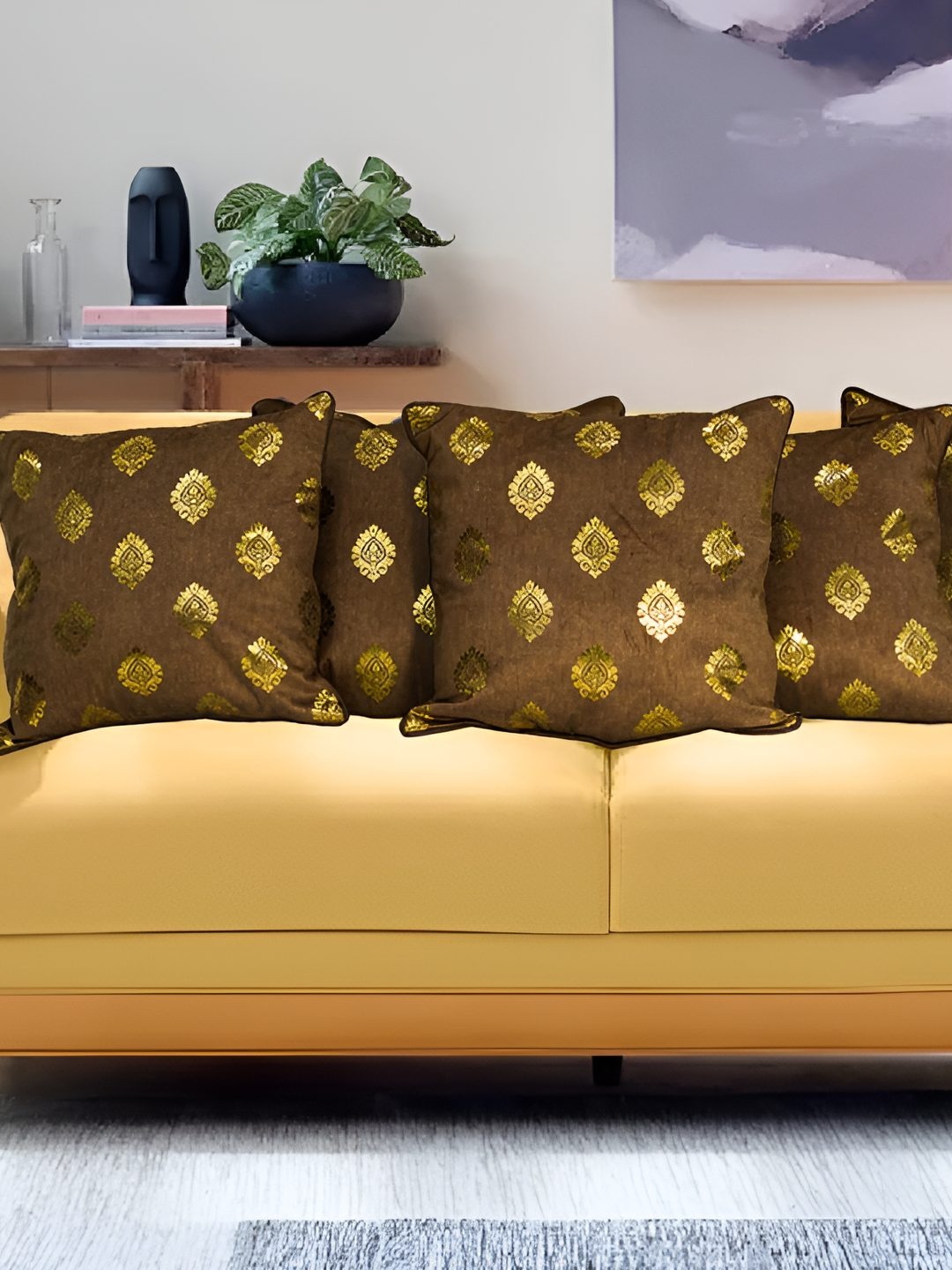 

CASA-NEST Coffee Brown & Gold Toned Ethnic Motifs Velvet Cushion Covers