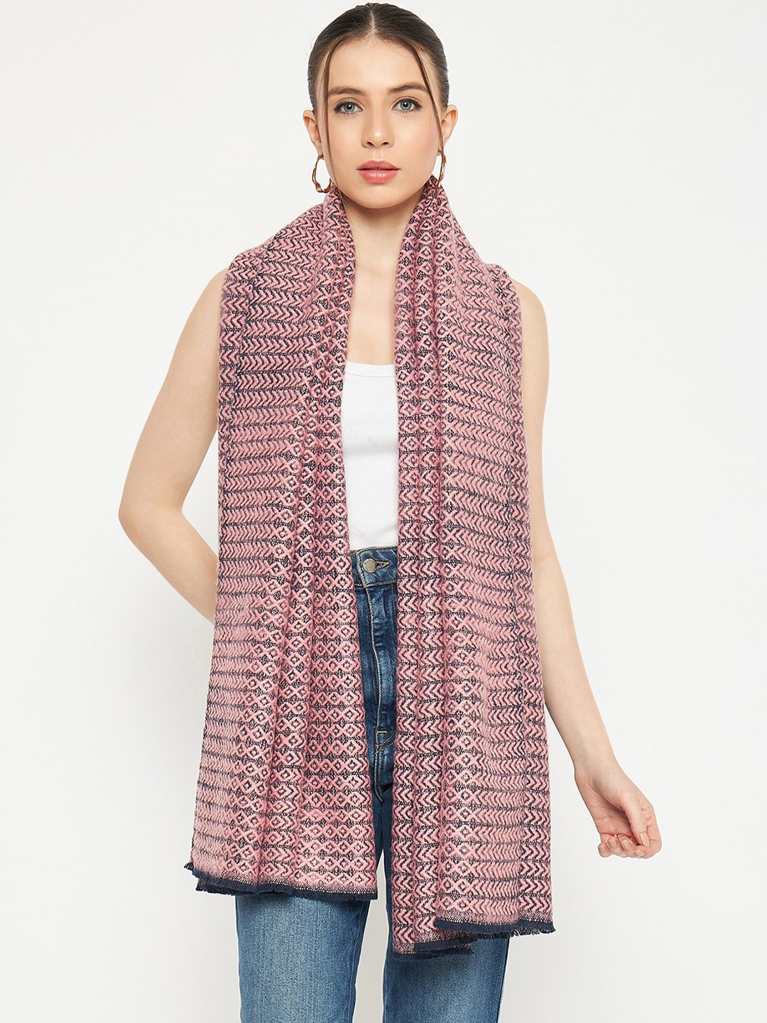 

CREATIVE LINE Geometric Self Design Woollen & Acrylic Stole, Peach