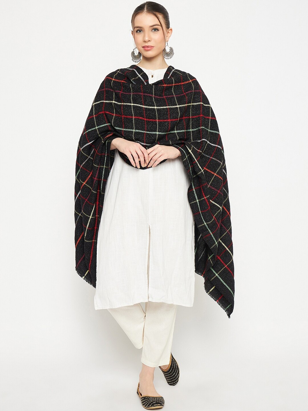 

CREATIVE LINE Checked Woollen Acrylic Shawl, Black