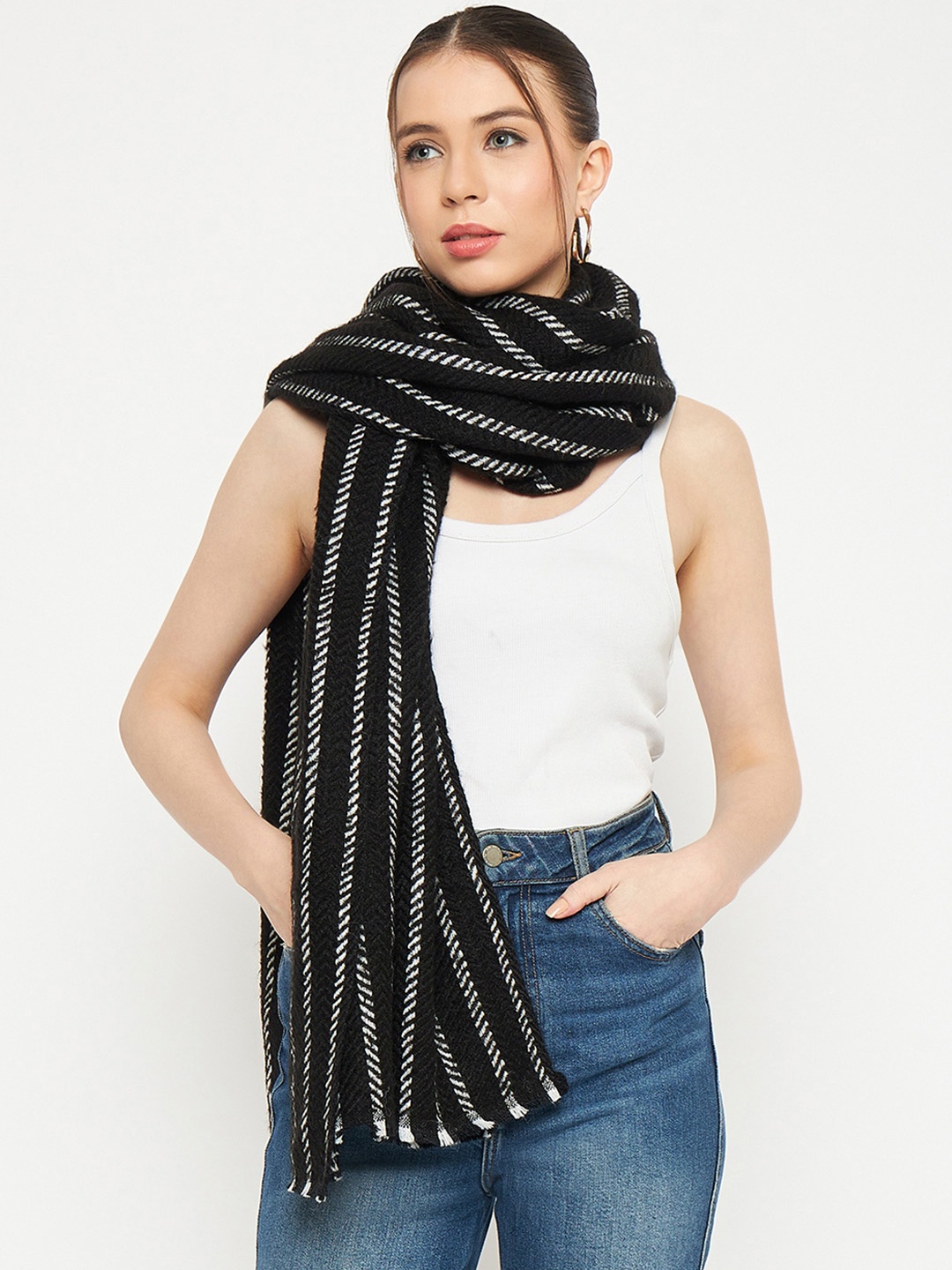 

CREATIVE LINE Striped Self Design Woollen & Acrylic Stole, Black